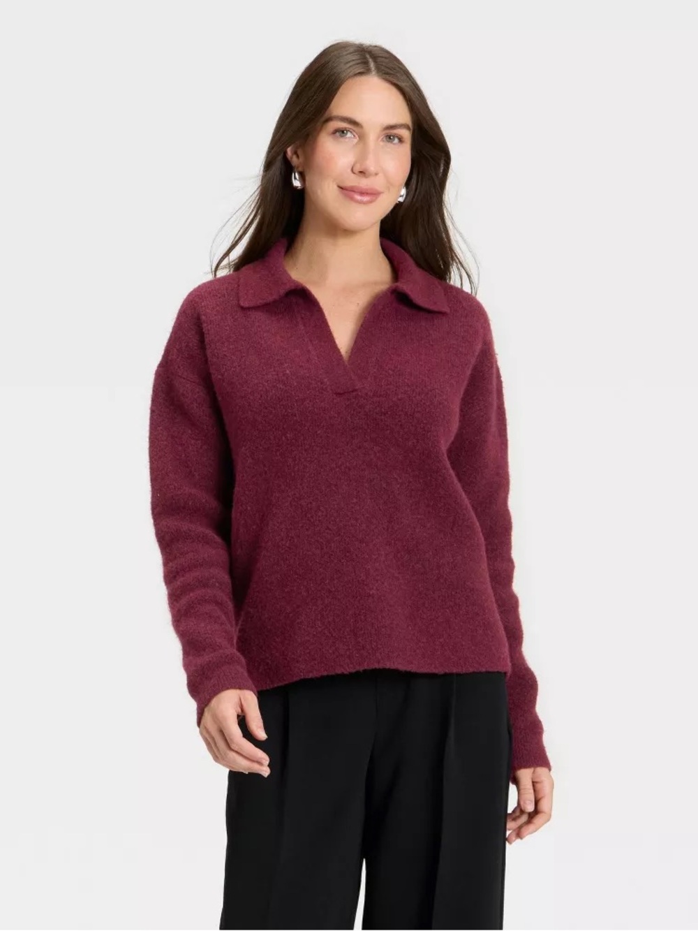 NWT A New Day Women's Cozy Knit Polo Sweater Burgundy Sz 1x Preppy Cozy Fall